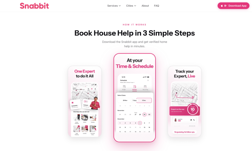 Snabbit app interface showing how to book quick home services in 3 steps—choose expert, schedule time, and track service live for cleaning, repairs, and maintenance in India.