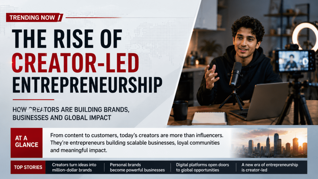 News-style graphic about the rise of creator-led entrepreneurship and digital creators building businesses.