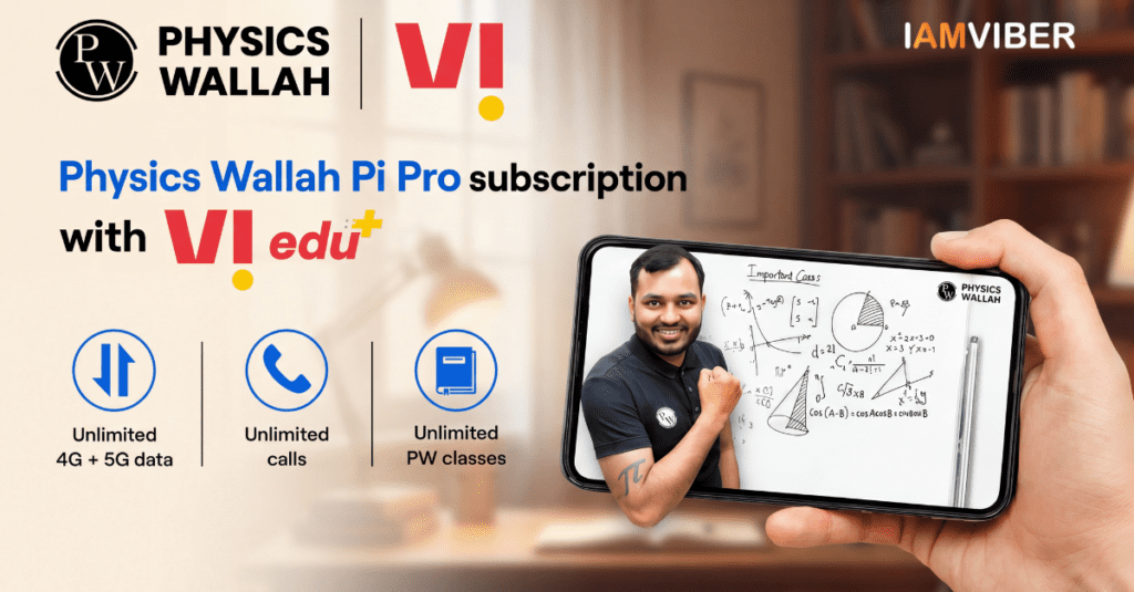 Vodafone Idea and PhysicsWallah promotional banner displaying Vi Edu+ student recharge plans with smartphone learning interface and 5G branding
