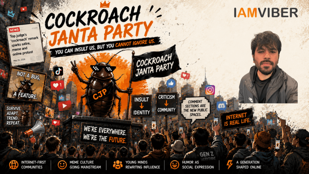Illustration of the viral “Cockroach Janta Party” movement showing Gen Z internet culture, meme-based protests, digital communities, and online influence with a cockroach mascot leading a crowd in a futuristic urban setting.