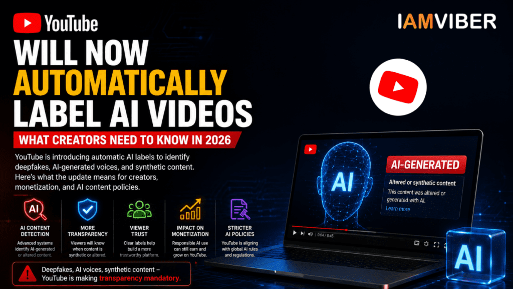 Futuristic YouTube thumbnail showing AI-generated video labels, deepfake detection, and YouTube’s new AI transparency update for creators in 2026.