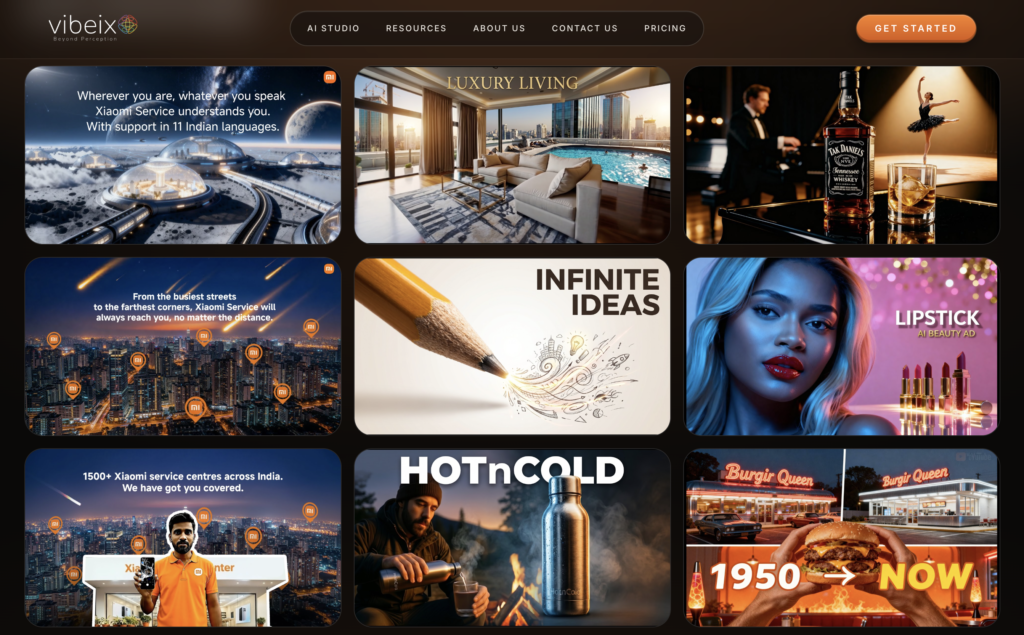 Showcase of AI-generated advertising creatives including luxury lifestyle, beauty, tech, food, and cinematic product branding by Vibeix