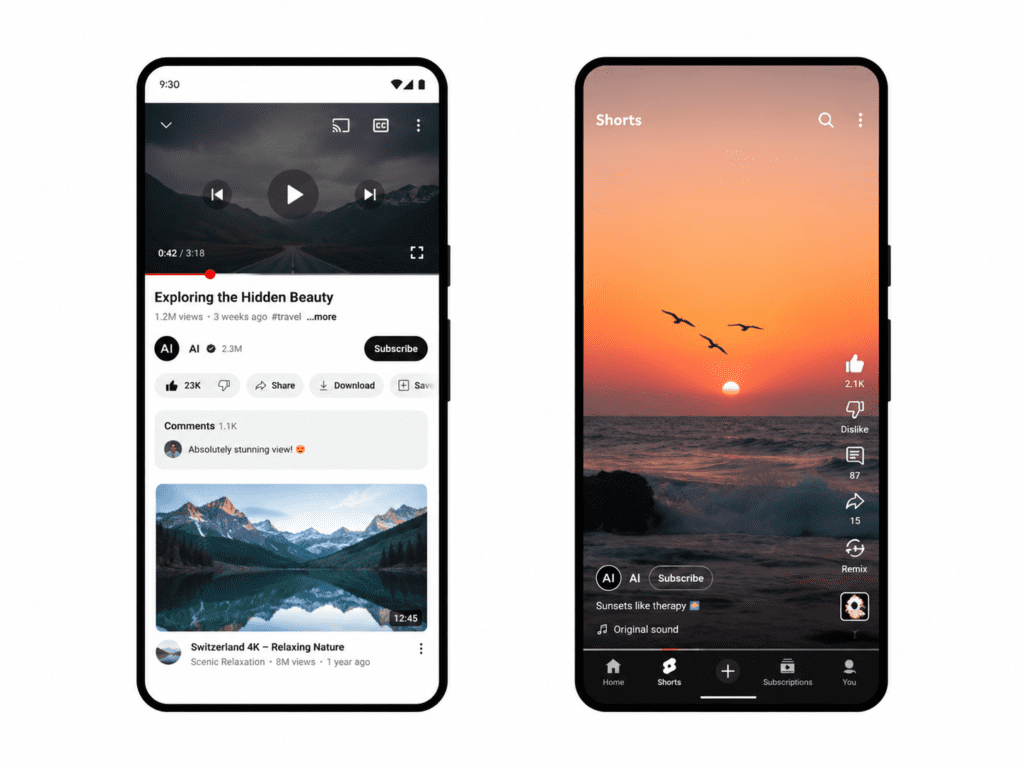 Two modern smartphones displaying redesigned YouTube video and Shorts interfaces with AI-generated content labels, engagement icons, and cinematic visual previews on a clean white background.