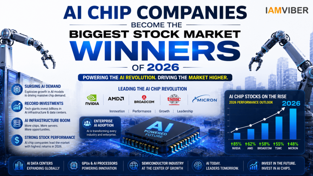 AI chip companies leading the 2026 stock market with AI infrastructure, enterprise AI adoption, GPUs, semiconductor growth, AI data centers, and AI hardware innovation.