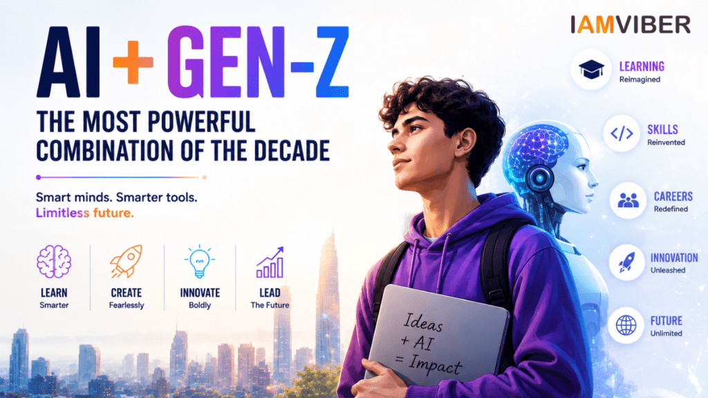 Realistic featured image showing a Gen-Z student alongside an AI-powered humanoid robot, symbolizing the future of learning, innovation, careers, and technology in a bright futuristic environment.