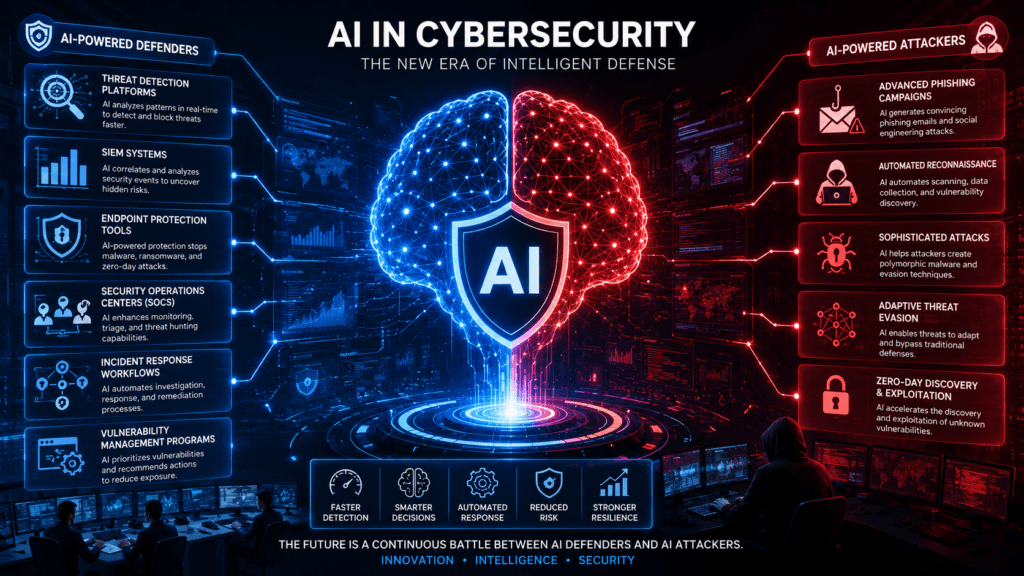Illustration showing AI-powered cybersecurity systems defending enterprise networks against advanced cyber threats, phishing attacks, malware, and AI-driven hackers in a futuristic digital environment.