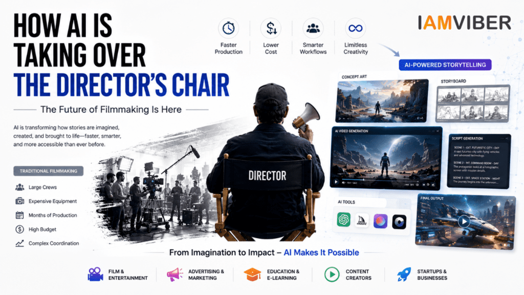 Modern infographic illustrating how AI is transforming filmmaking, featuring a director seated between traditional film production and AI-powered storytelling tools including concept art, video generation, storyboarding, and script creation on a clean white background.