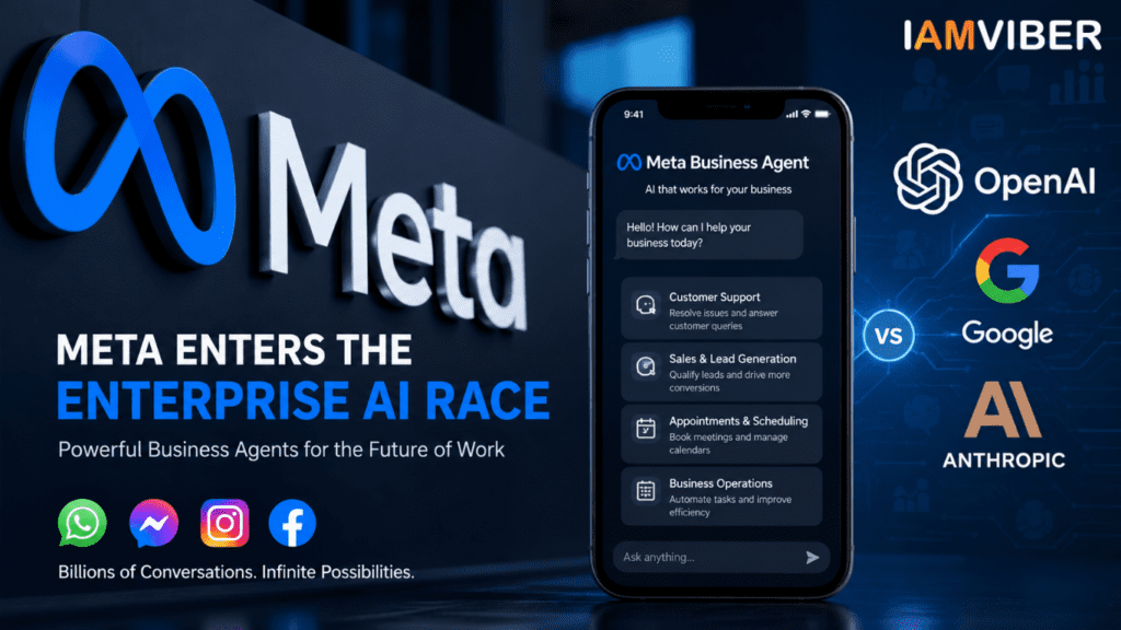 Featured image showing Meta's Business Agent platform with a large Meta logo, AI-powered business automation interface, and comparisons with OpenAI, Google, and Anthropic in the enterprise AI market.