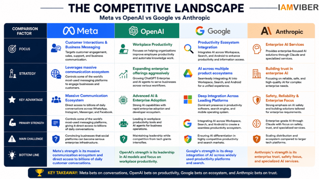 Comparison infographic showing Meta, OpenAI, Google, and Anthropic's enterprise AI strategies, highlighting their focus areas, strengths, use cases, competitive advantages, and ecosystem advantages.