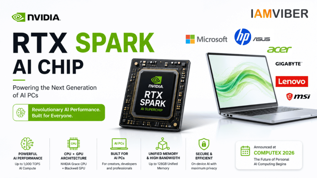 NVIDIA RTX Spark AI chip promotional banner featuring a next-generation AI superchip, laptop, and key specifications including AI performance, unified memory, and Computex 2026 announcement on a clean light background.