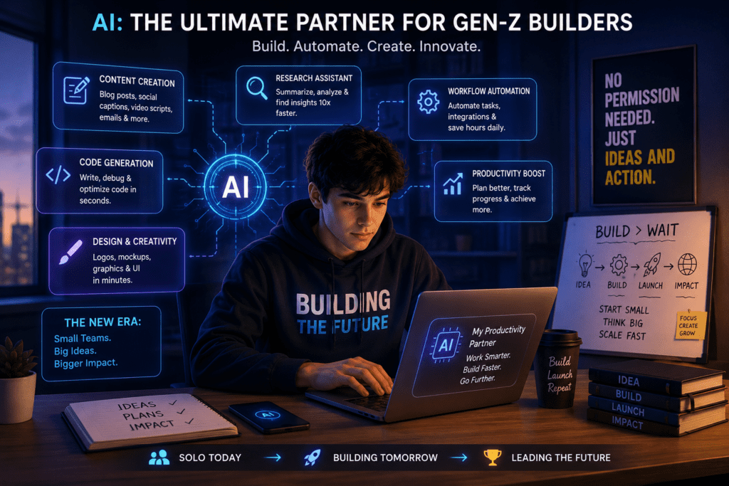 Young Gen-Z entrepreneur using AI-powered tools on a laptop to create content, write code, automate workflows, conduct research, and build innovative digital products in a modern futuristic workspace.