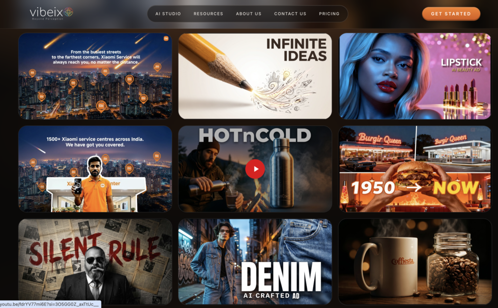 Vibeix AI Studio portfolio showcasing AI-generated advertising campaigns, cinematic product commercials, fashion marketing creatives, food advertisements, brand storytelling visuals, and AI-powered content production projects.
