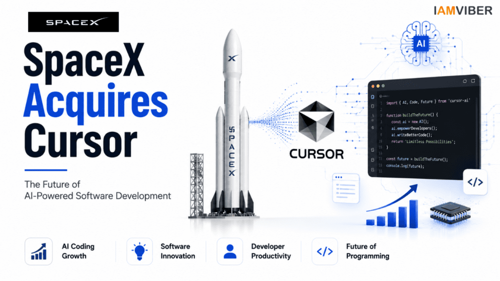 SpaceX Acquires Cursor featured image showing a rocket, AI coding platform, software development interface, and future-focused technology elements representing AI-powered programming and innovation.