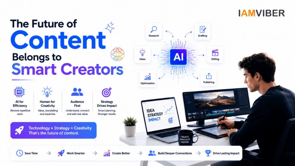 Modern digital creator using AI-powered tools and content production software in a clean workspace, representing the future of content creation through technology, strategy, creativity, and audience-focused storytelling.