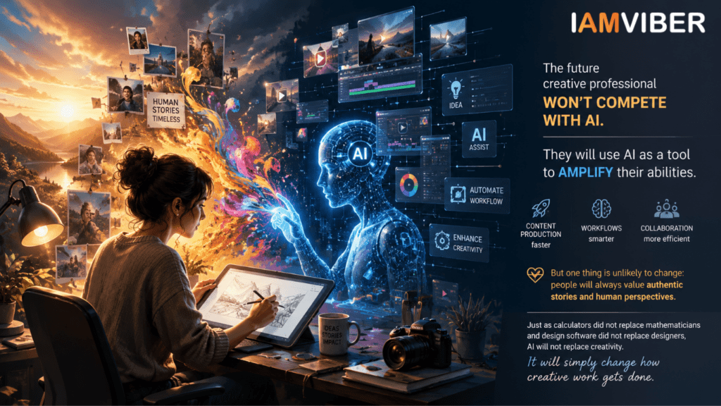 A cinematic 16:9 digital illustration showing a creative professional working at a desk while collaborating with a futuristic AI assistant. Human-generated stories, artwork, and memories flow from one side, while AI-powered tools, automation, and digital workflows emerge from the other. The composition symbolizes how AI enhances creativity rather than replacing it, with open space in the top-right corner for headline text.