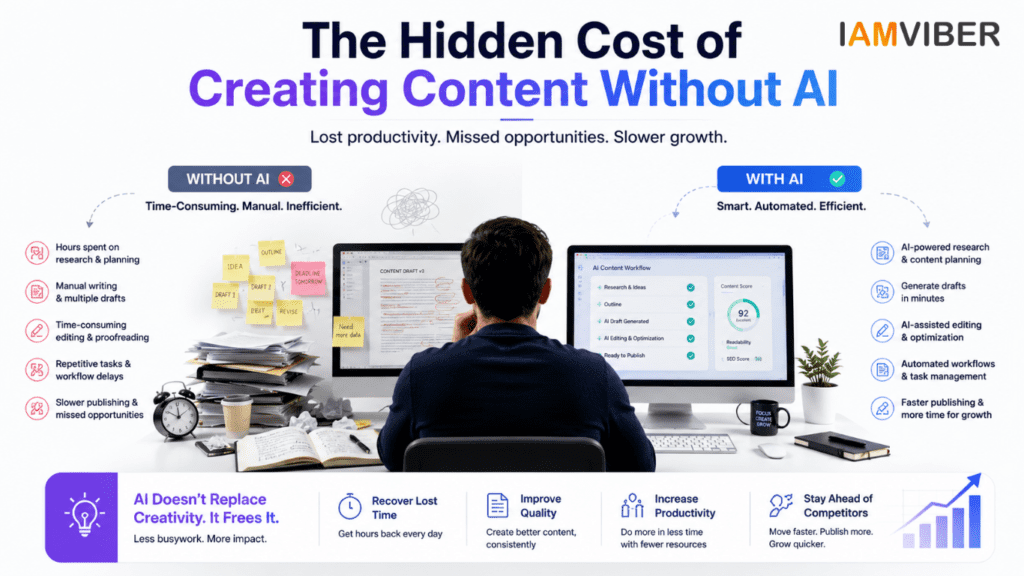 The hidden cost of creating content without AI showing productivity loss, workflow delays, and AI-powered content creation benefits