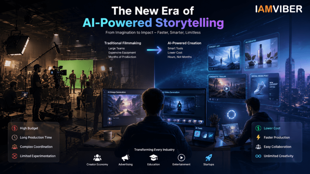 A cinematic comparison between traditional filmmaking and AI-powered content creation, showing a large film production set on one side and creators using AI tools for video generation, concept art, and digital storytelling on the other.