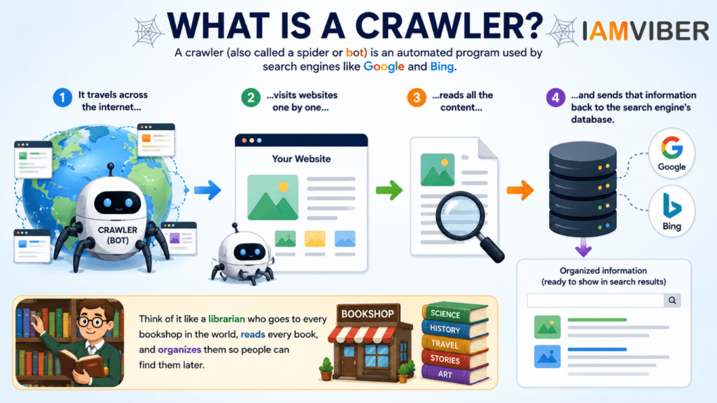 Illustration showing a search engine crawler (bot) traveling across websites, reading content, and sending information to search engines for indexing and search results.