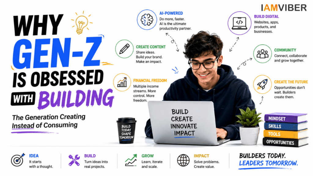Featured blog image showing a Gen-Z entrepreneur building digital products on a laptop with symbols of AI, entrepreneurship, content creation, innovation, community, financial freedom, and personal growth on a clean white background.