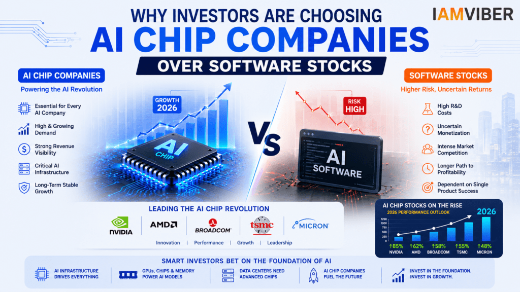Infographic showing why investors are choosing AI chip companies over software stocks, featuring AI infrastructure, enterprise AI adoption, GPUs, semiconductors, AI data centers, and stock market growth in 2026.