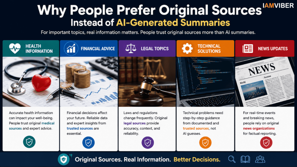 Infographic comparing health information, financial advice, legal topics, technical solutions, and news updates, highlighting why users trust original sources more than AI-generated summaries.
