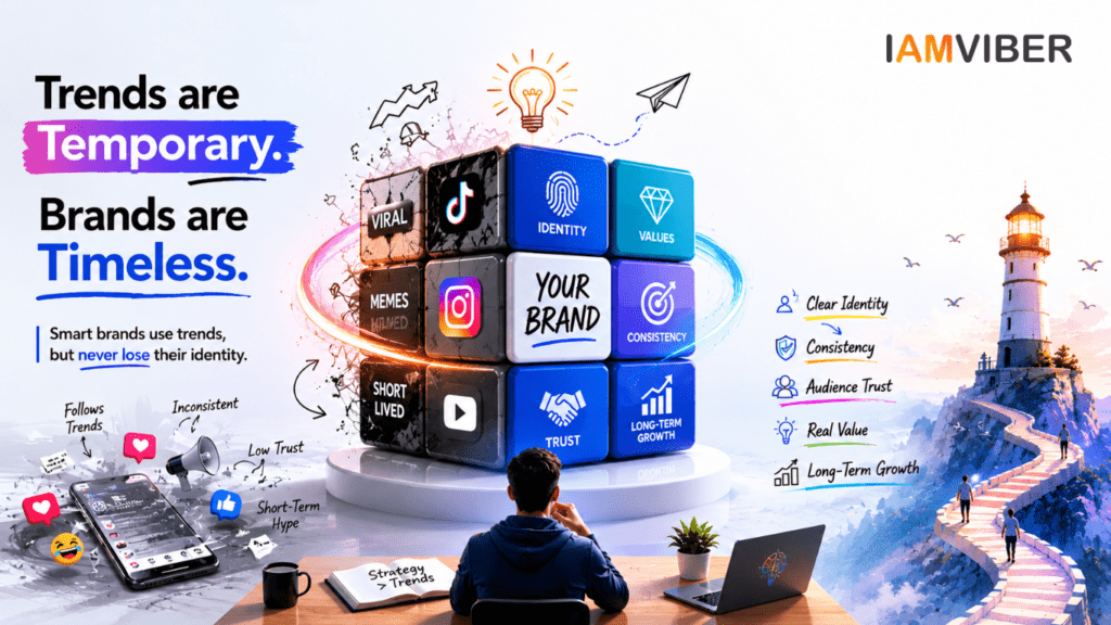 Creative marketing illustration showing the contrast between trend chasing and brand building, featuring a 3D brand identity cube, social media trend elements, and a path toward long-term business growth.