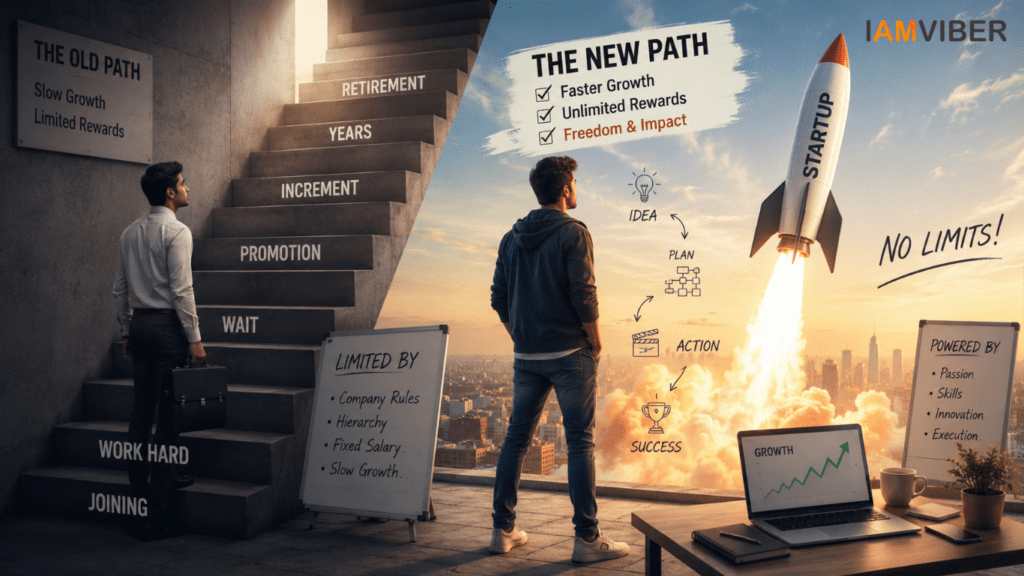 Young Indian entrepreneur choosing entrepreneurship over a traditional 9-to-5 career, symbolizing faster growth, innovation, financial freedom, and unlimited business opportunities.