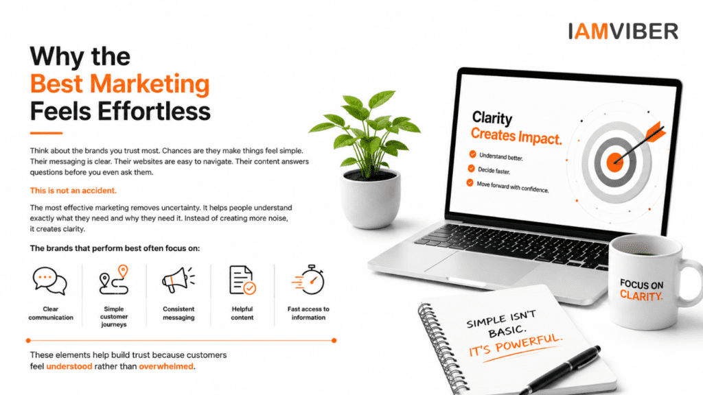 Minimalist marketing concept featuring a laptop, target graphic, notebook, and clean white workspace illustrating how clear communication and simple customer journeys build trust and improve marketing effectiveness.