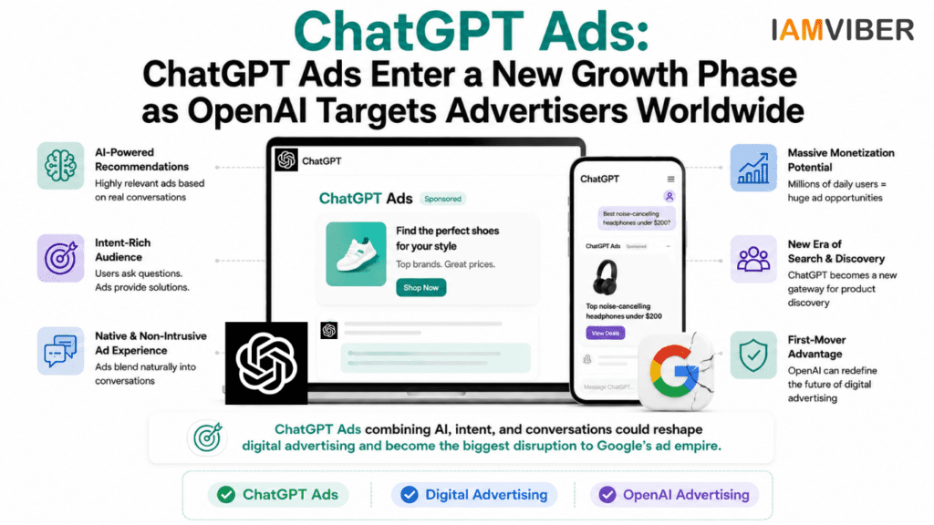 ChatGPT Ads infographic showing how OpenAI Advertising could transform Digital Advertising and challenge Google's ad empire through AI-powered recommendations and conversational marketing