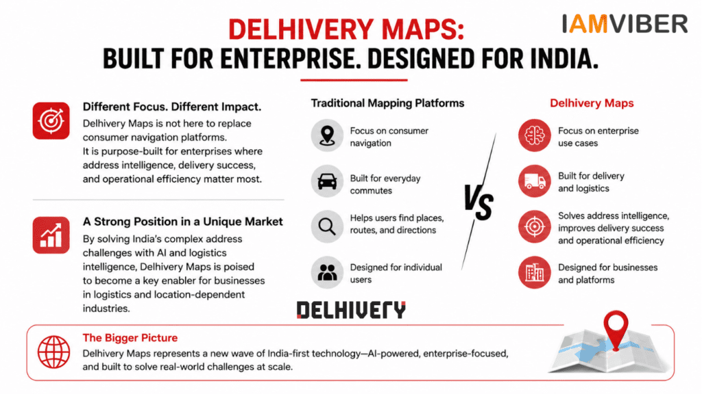Delhivery Maps comparison with traditional mapping platforms highlighting enterprise location intelligence and AI-powered logistics solutions in India