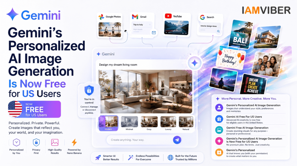 Gemini’s Personalized AI Image Generation is now free for eligible US users, featuring AI-powered personalized image creation with Google Photos, Gmail, YouTube, Search integration, and Nano Banana technology.