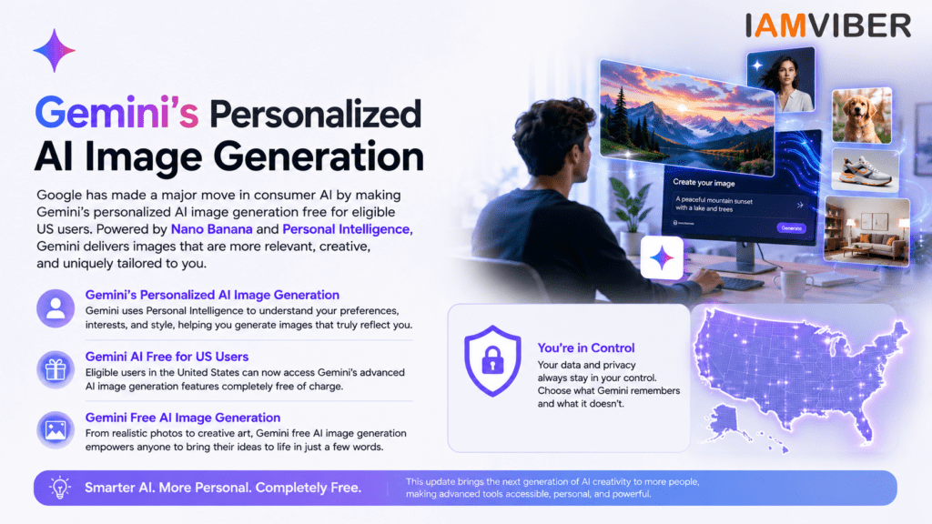Gemini's Personalized AI Image Generation is now free for eligible US users, featuring AI-powered personalized image creation with Personal Intelligence and Nano Banana.