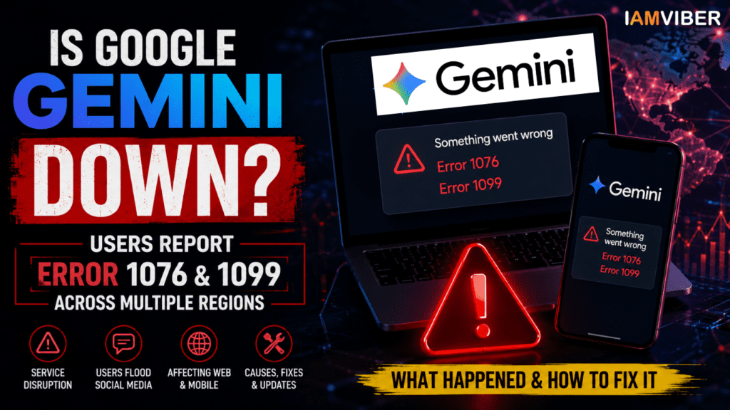Google Gemini outage featured image showing Error 1076 and Error 1099 alerts across desktop and mobile devices, highlighting a widespread AI service disruption affecting users worldwide.