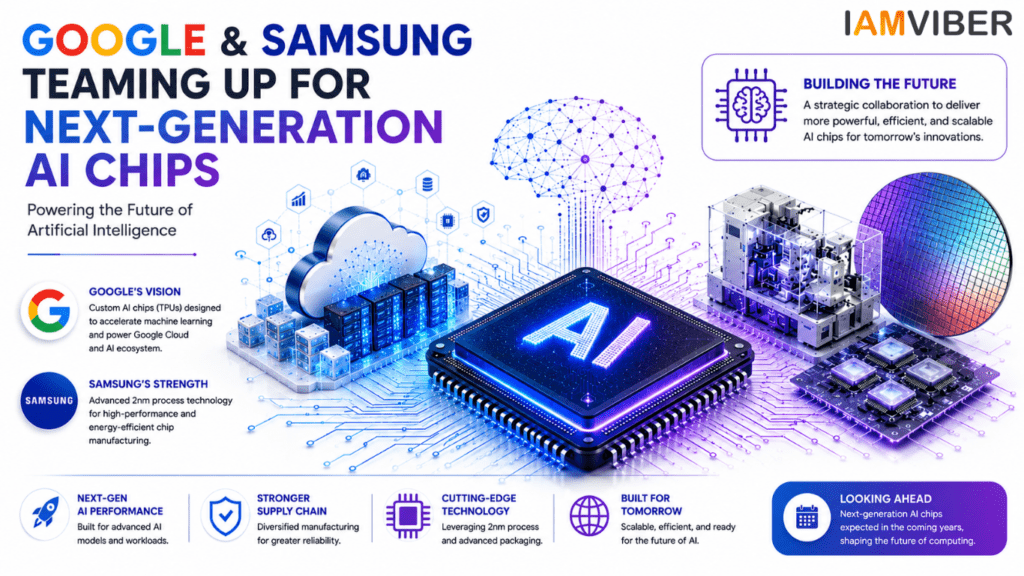 Google and Samsung collaboration on next-generation AI chips featuring advanced semiconductor technology, AI processors, cloud infrastructure, and future-ready computing innovations.