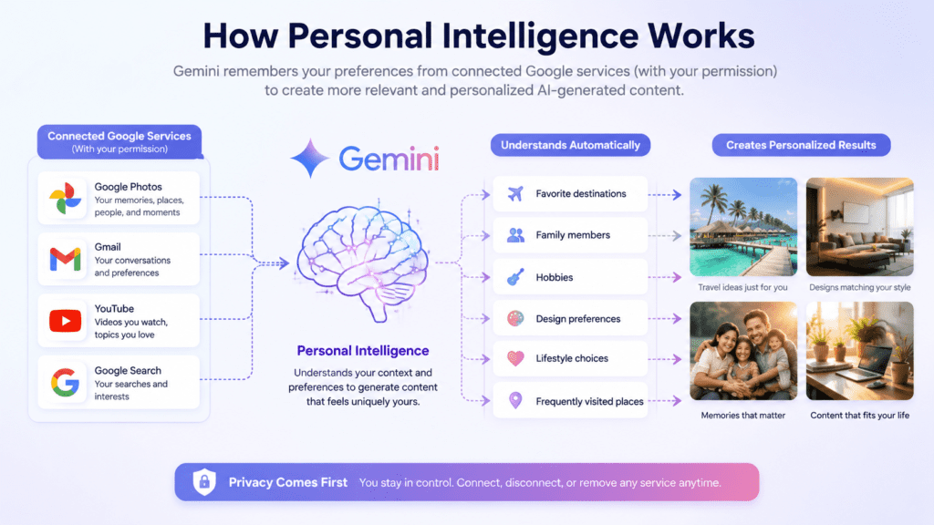 How Personal Intelligence works in Gemini's Personalized AI Image Generation using connected Google services to create personalized AI-generated images.