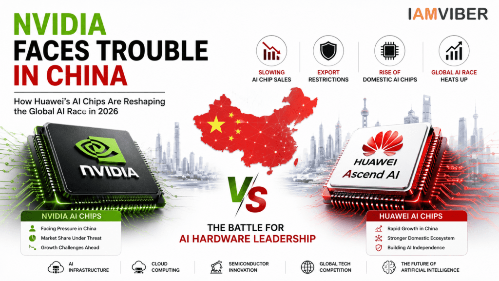 NVIDIA AI Chip vs Huawei AI Chip showing China's growing AI hardware competition, AI chip sales, semiconductor innovation, AI infrastructure, and the global AI race in 2026.