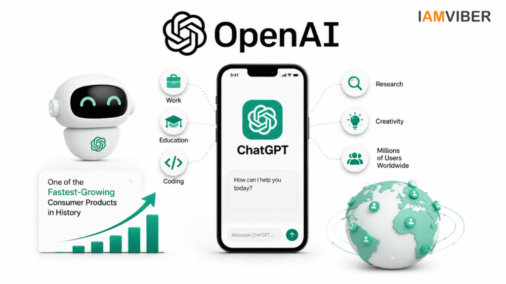 OpenAI ChatGPT showcasing global AI adoption across work, education, coding, research, and creativity with millions of users worldwide.