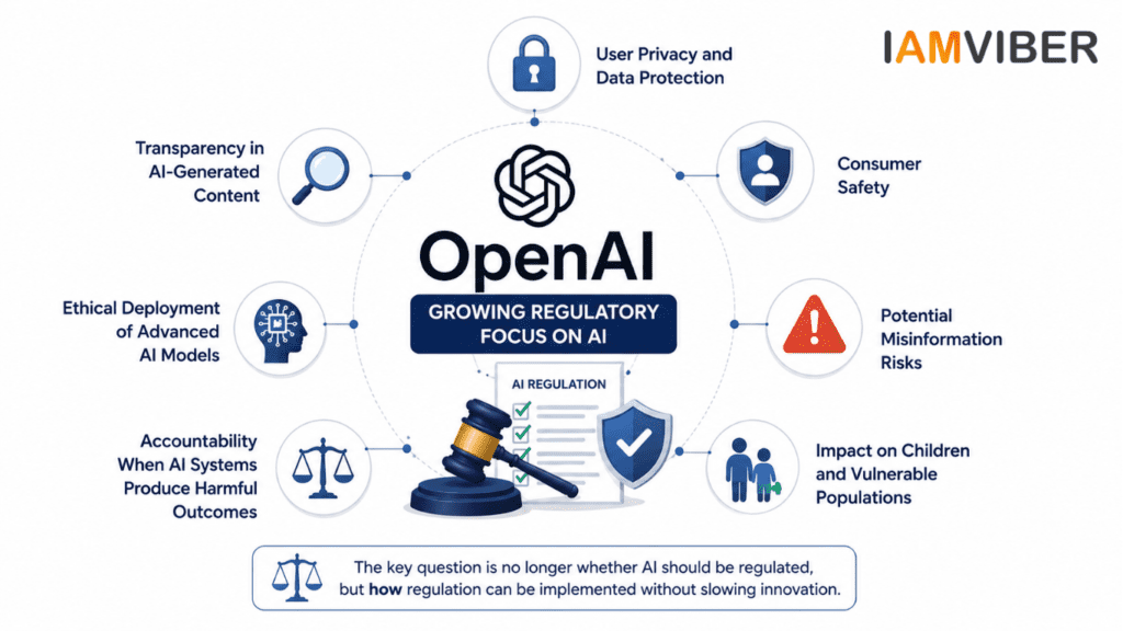 OpenAI investigation infographic highlighting AI regulation, data privacy, consumer safety, transparency, misinformation risks, and accountability in artificial intelligence.