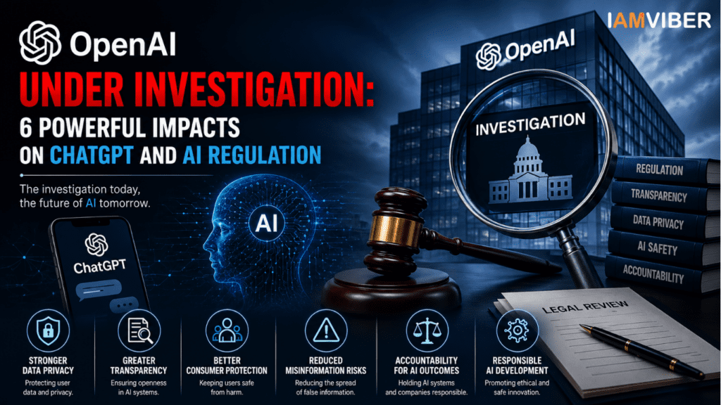 OpenAI investigation infographic showing the impact on ChatGPT, AI regulation, data privacy, transparency, consumer protection, misinformation risks, and AI accountability.