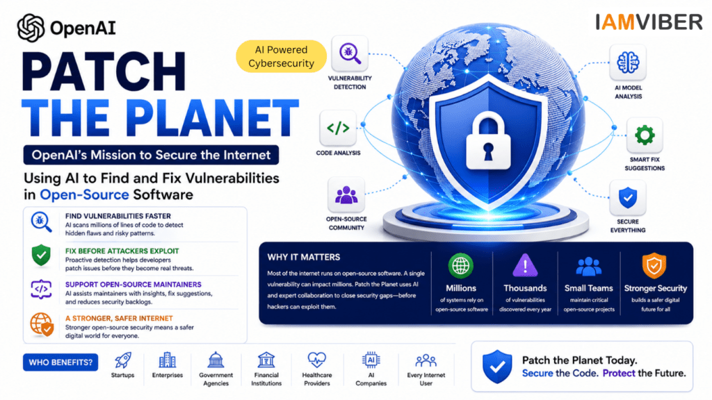 OpenAI Patch the Planet initiative using AI-powered cybersecurity to detect vulnerabilities, secure open-source software, strengthen internet infrastructure, and protect digital systems from cyber threats.