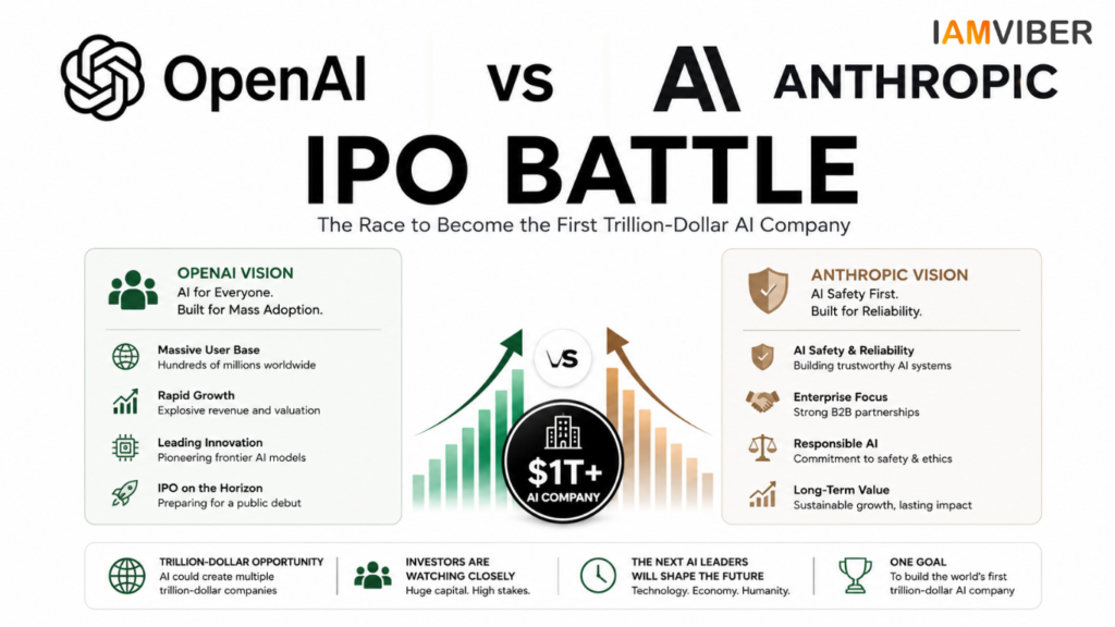 OpenAI vs Anthropic IPO battle showing the race to become the first trillion-dollar AI company through AI innovation, adoption, and enterprise growth.