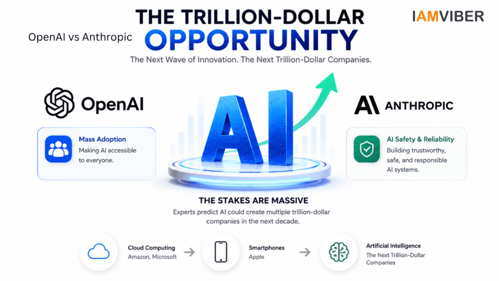OpenAI vs Anthropic comparison showing mass adoption versus AI safety in the race to build the first trillion-dollar AI company.