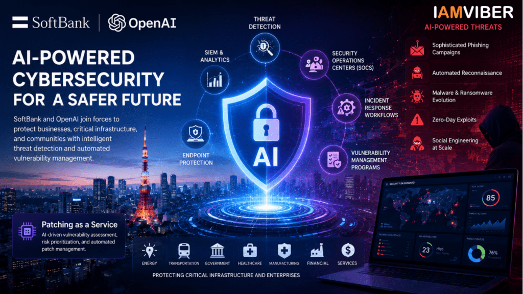 Futuristic illustration showing SoftBank and OpenAI's AI-powered cybersecurity platform with automated threat detection, vulnerability management, incident response systems, and protection against advanced cyber threats.