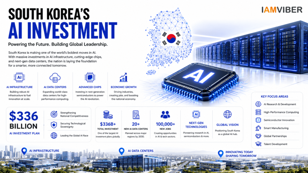 Infographic showing South Korea's AI investment strategy featuring AI infrastructure, advanced semiconductor chips, and next-generation AI data centers.