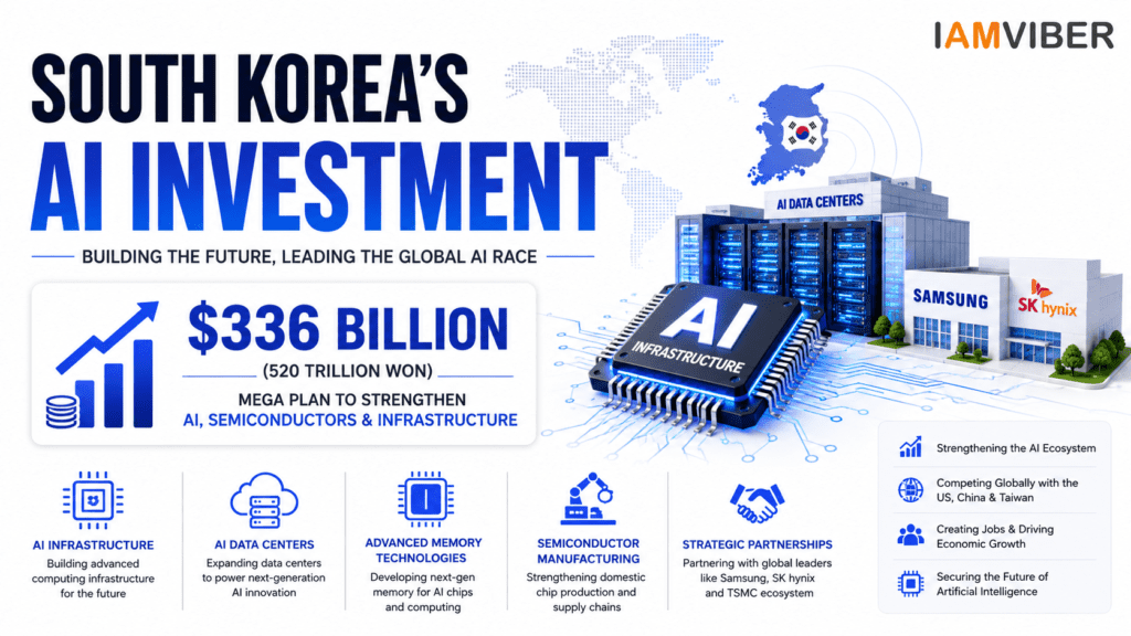 South Korea's AI Investment showcasing AI infrastructure, AI data centers, semiconductor manufacturing, Samsung, SK Hynix, and the country's $336 billion AI expansion plan.