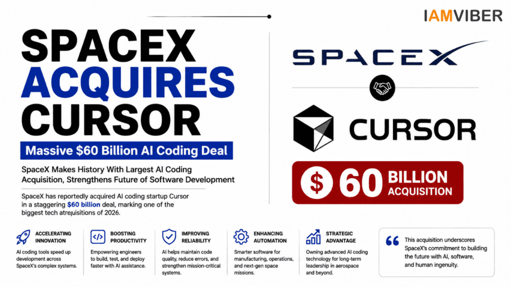 News-style infographic showing SpaceX's reported acquisition of AI coding startup Cursor in a $60 billion deal, highlighting AI software development, technology innovation, and the future of AI-powered programming.
