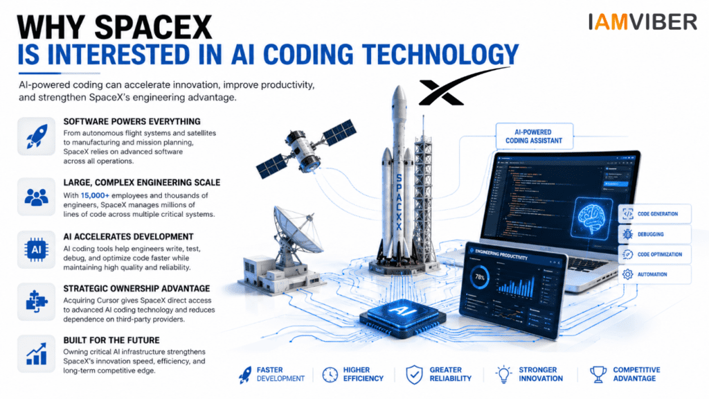 Infographic showing why SpaceX is interested in AI coding technology, featuring a rocket, satellite systems, AI-powered coding assistant, software development dashboards, and key benefits including faster development, higher efficiency, and stronger innovation.