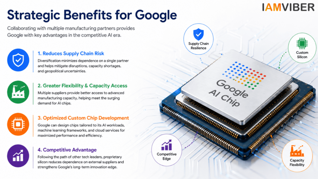 Infographic showing the strategic benefits of Google’s AI chip manufacturing strategy, including supply chain resilience, custom silicon development, capacity flexibility, and competitive advantage.