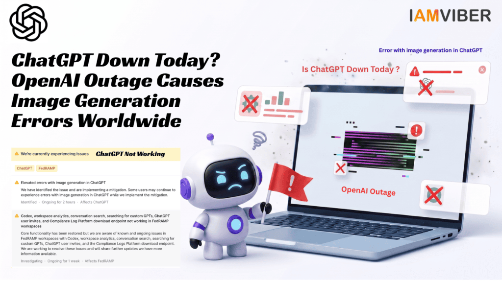 Feature image showing ChatGPT Down during an OpenAI outage affecting Codex, Custom GPTs, Workspace Analytics, and image generation, with users reporting ChatGPT not working today.