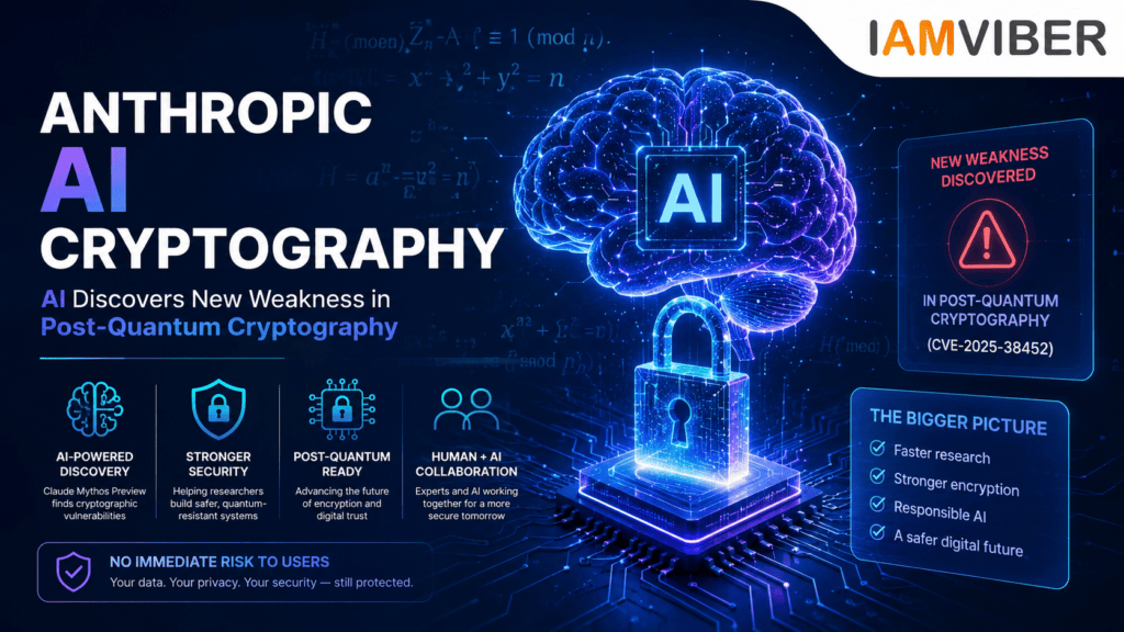Anthropic AI Cryptography feature image showing AI discovering a new weakness in Post-Quantum Cryptography with Claude Mythos Preview, quantum encryption, cybersecurity, and the IAMVIBER logo.